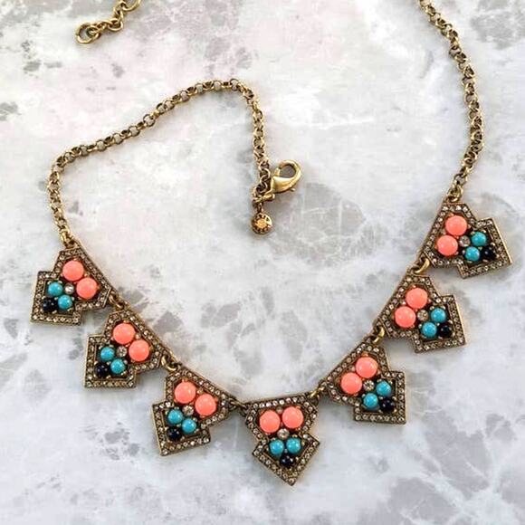J. Crew antiqued gold tone orange/peach & blue statement necklace, rhinestones - Picture 2 of 11